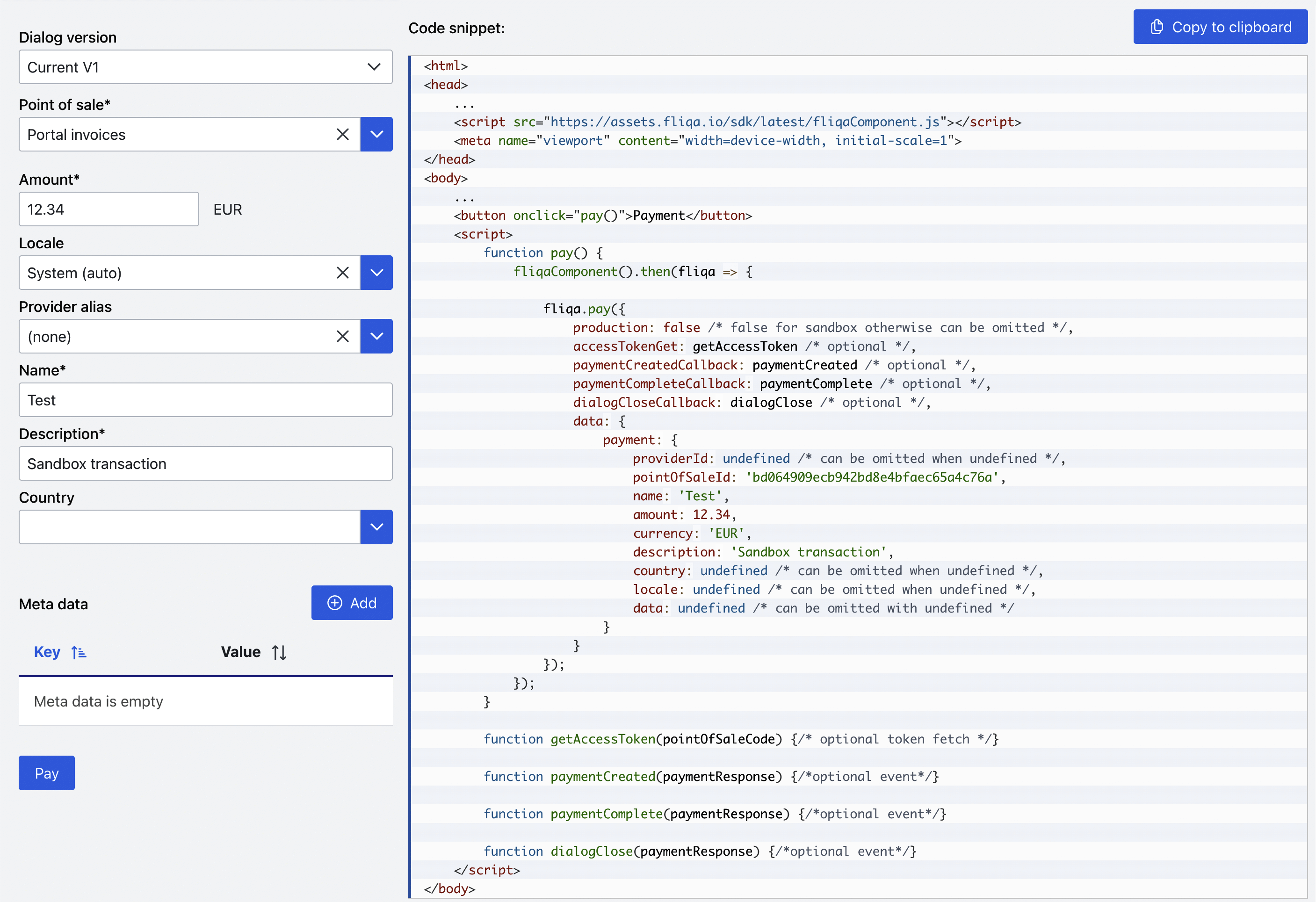 Sandbox payment dialog